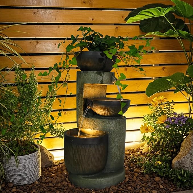 Bumilgar 3-Tier Natural Bowl Cascading Garden Water Fountain with LED Lights - Water Fountain Outdoor Indoor Decor for Garden, Patio, Deck, Porch and Office Living Room Home Art Decor 10"x9"x20"