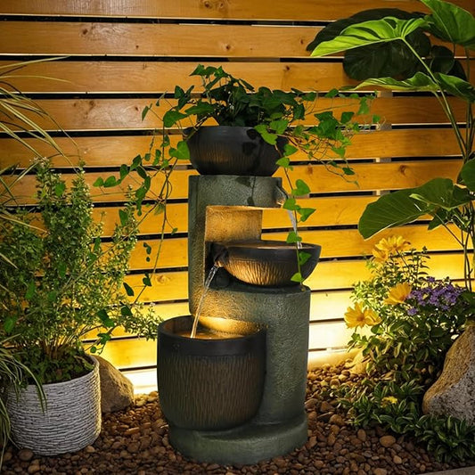 Bumilgar 3-Tier Natural Bowl Cascading Garden Water Fountain with LED Lights - Water Fountain Outdoor Indoor Decor for Garden, Patio, Deck, Porch and Office Living Room Home Art Decor 10"x9"x20"
