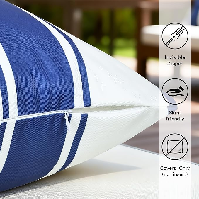 4 Pack Outdoor Waterproof Throw Pillow Covers 18x18 Inch, Striped Navy Blue and White Decorative Pillow Cover, Modern Cushion Cases for Garden Patio Tent Balcony Bench Couch Sofa