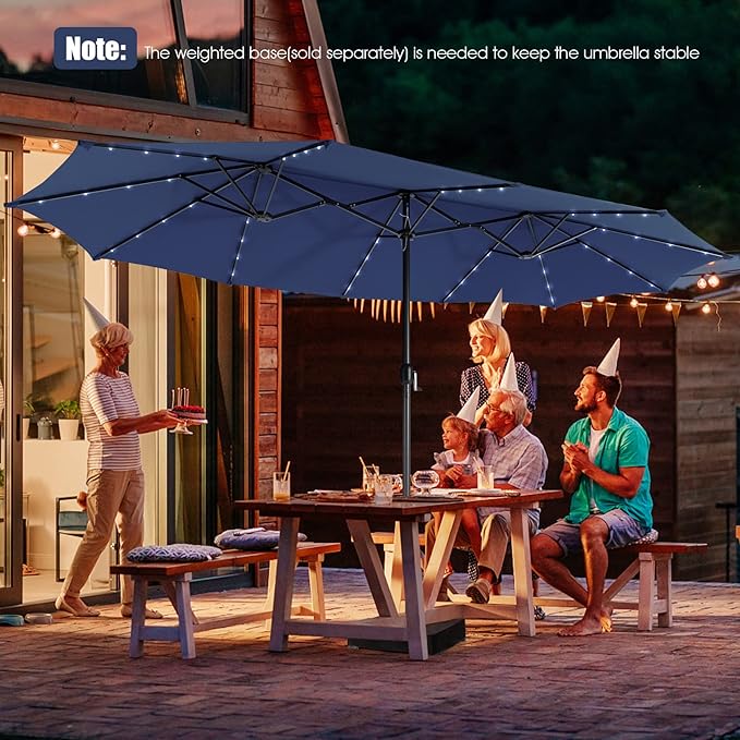 Giantex 15 FT Double Patio Umbrellas with 48 Solar LED Lights, Auto-Charging Panel, Crank System, Outdoor Extra-Large Rectangle Market Table Umbrella for Garden Deck Backyard Beach Pool