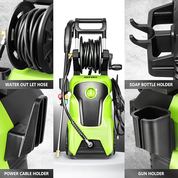 DNA Motoring TOOLS-00232 Up to 2176 PSI Pressure 2.4 GPM Max Flow Electric Pressure Washer for Yard and Car Cleaning with Spray Nozzle Foam Bottle + 4 Turbo Nozzles IPX5 Driveway Patio Deck(Green)