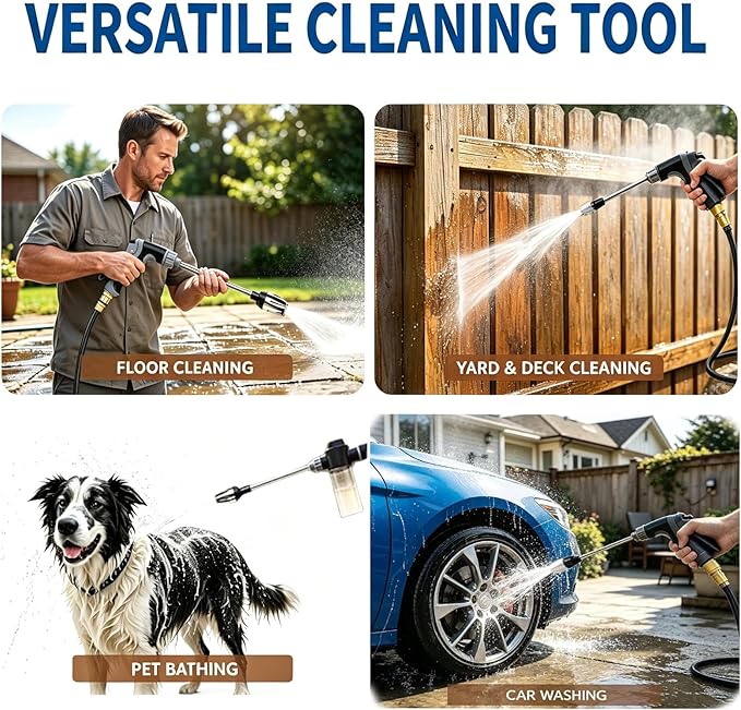 Pressure Washer with Stainless Steel Long Handle, 3 Adjustable Spray Modes, Suitable for Car Washing, Garden Watering, Window Cleaning