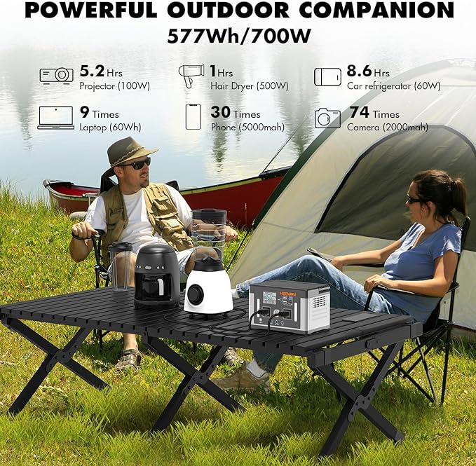 700W 577Wh Portable Power Station, 120V Pure Sine Wave AC, PD 60W Fast Charge Solar Generator, 1000W Surge Inverter Power Bank Home Backup Battery for CPAP, Camping, RV, Outage