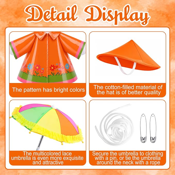 DECOHS 3 Pcs/Set Raincoat Porch Goose Outfits, Summer Lawn Goose Statue Costume with Rainbow Umbrella and Hat, Yard Geese Clothes for 23" Statue Patio Garden Decoration (Orange Flower)