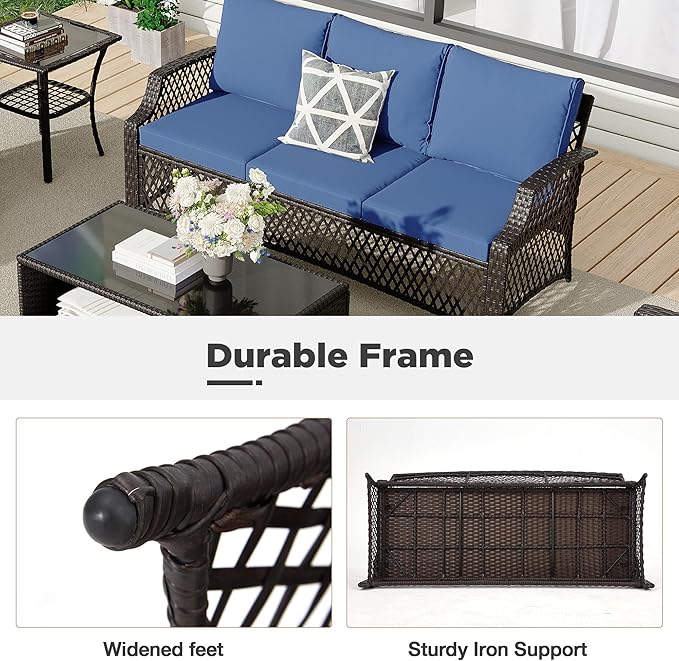 HOMREST 7 Piece Patio Furniture Set, Wicker Outdoor Conversation Sofa Set with Swivel Chairs, 2 Ottomans, Glass Side Table, Rattan Outdoor Sectional for Deck Backyard Porch （9 Seats, Navy Blue