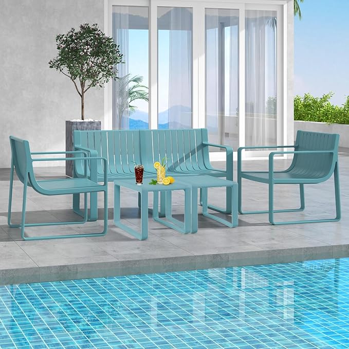 Tangkula 5-Piece Patio Furniture Set, Outdoor Conversation Set w/1 Loveseat, 2 Patio Chairs & 2 Side Tables, All-Weather Patio Bistro Set for Lawn, Backyard, Poolside, Balcony, Garden, Deck (Blue)