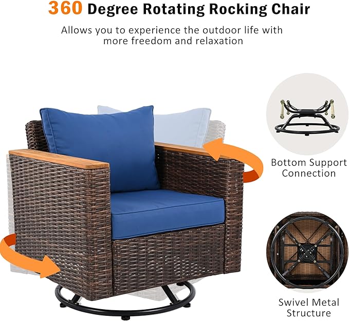 Outdoor Patio Sectional Furniture Set, 8-Piece Wicker Rattan Sofa Set with Thick Cushion, Patio Swivel Rocking Chairs Set of 2 with Acacia Storage Table, Conversation Set for Backyard (Blue+Brown/36)