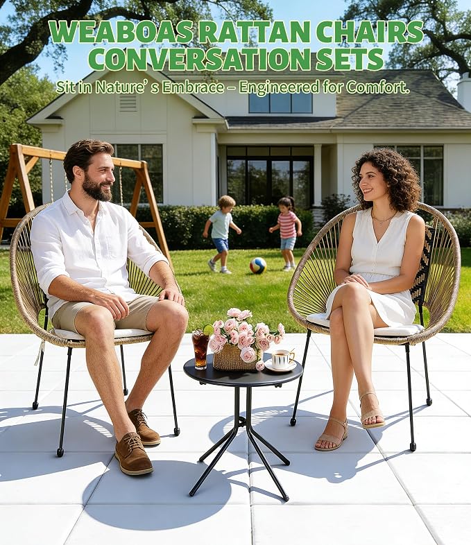 3-Piece Outdoor Patio Bistro Set, Wicker Chairs with Cushions, PE Rattan All-Weather Conversation Set with Coffee Table for Balcony, Porch, Backyard, Poolside, Garden, Deck, Black