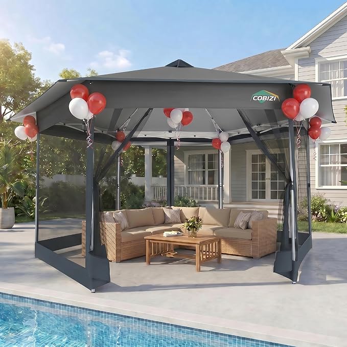 COBIZI 16x16 Pop Up Gazebo Tent with Mosquito Netting, Gazebos on Clearance, Hexagonal Outdoor Canopy Shelter, Patented Center Lock 6-Sided Portable Gazebos, Pop Up Canopy Tent for Backyard, Gray