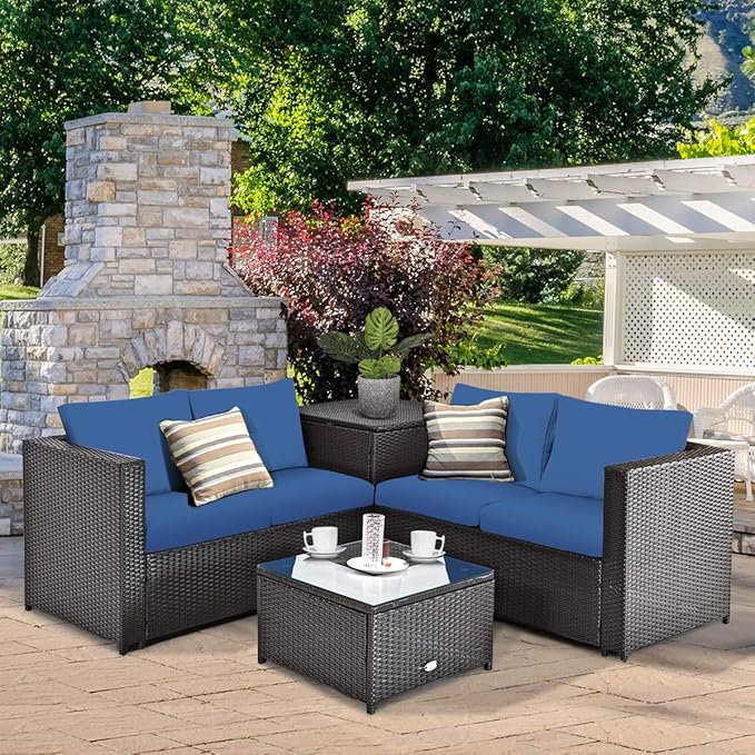 Tangkula 8 Piece Wicker Patio Set with Storage, All Weather-Proof Outdoor Conversation Set, with Loveseat, Coffee Table & Storage Box, Suitable for Garden, Poolside, Sunroom (2, Navy Blue)