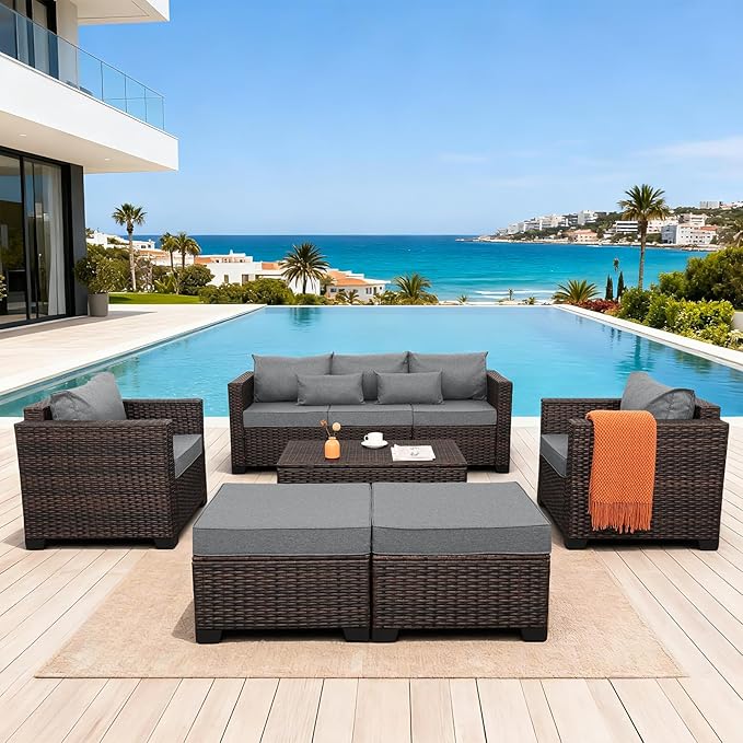 Wicker Patio Furniture Set 6 Pieces Outdoor Furniture Chairs and Couch Storage Table Anti-Slip Cushions and Waterproof Covers, Dark Grey