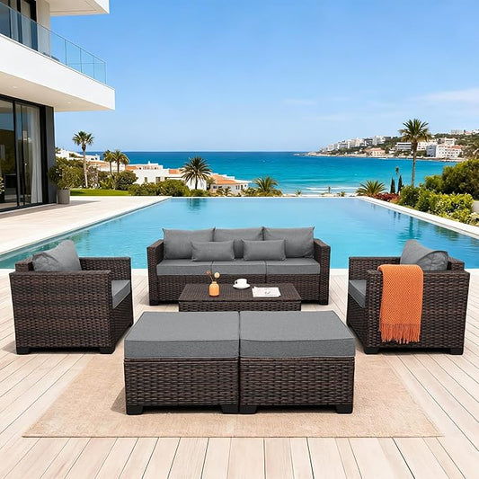 Wicker Patio Furniture Set 6 Pieces Outdoor Furniture Chairs and Couch Storage Table Anti-Slip Cushions and Waterproof Covers, Dark Grey