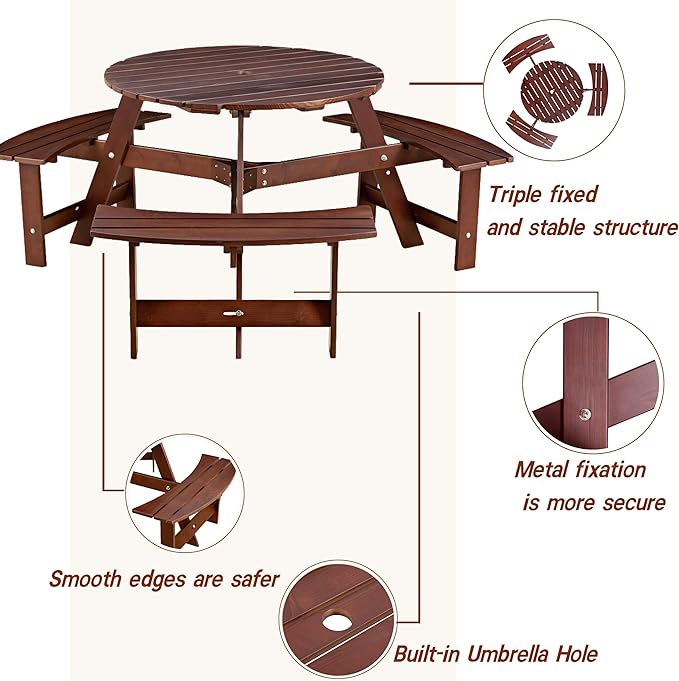 JOYBASE 6-Person Wooden Picnic Table, Outdoor Round Table with Built-in Benches and Umbrella Hole, Picnic Table Bench Set for Patio, Backyard, Garden (Brown)
