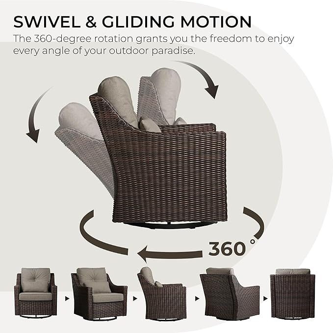 CHITA 5 Pieces Swivel Wicker Patio Furniture Set, Outdoor Conversation Set with 2 Pieces Rattan Rocking Swivel Chairs, 2 Pieces Ottomans, Thickened Cushions and Side Table