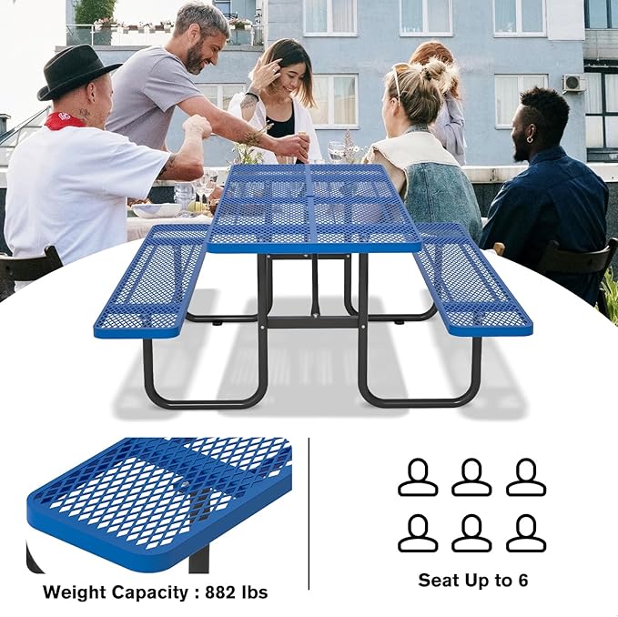 72'' Rectangular Steel Picnic Table for Outdoors,Commercial Metal Picnic Table with Umbrella Hole, Heavy Duty Sturdy Picnic Tables Furniture Set for Patio Garden Courtyard BBQ, Blue