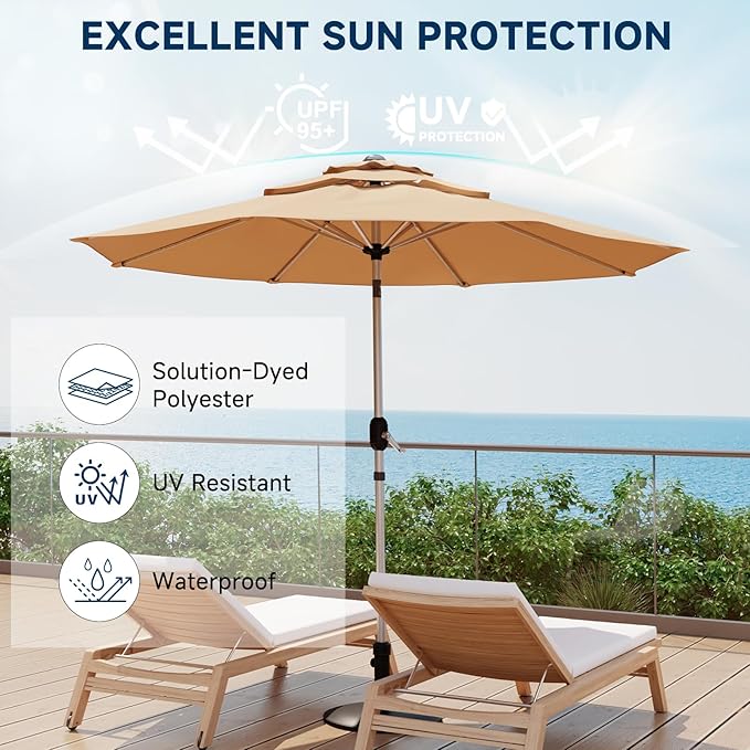 10FT 3-Tier Aluminum Outdoor Patio Umbrella, Fade-Resistant Market Umbrella with Push Button Tilt Function, 8 Sturdy All-Aluminum Ribs for Gardens, Patios, Backyards & Pools