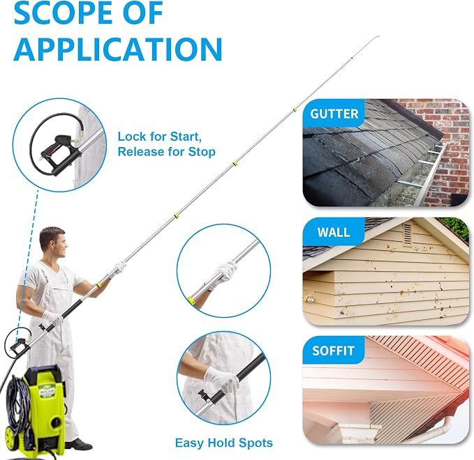 24 FT Power Washer Extension Wand with Turbo Nozzle & Brush Head | Telescoping Pressure Washer Extension Wand, Aluminum Solar Panel Cleaner Pole, 7 Nozzle Tips, 3 Adapters & Harness