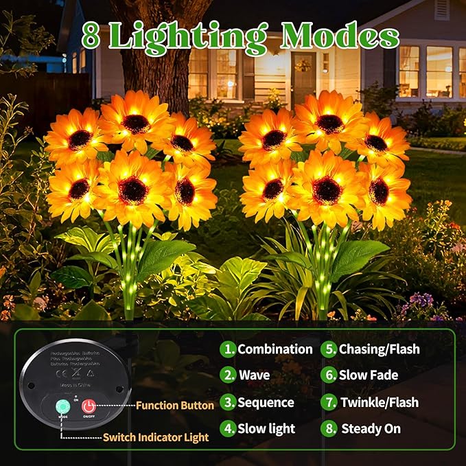 Solar Sunflower Lights Outdoor Garden Decor, 2 Pack with 12 Sunflowers,8 Lighting Modes, Birthday Gifts for Mom Women, Outdoor Decorative Stakes Light for Landscape Yard Patio Lawn