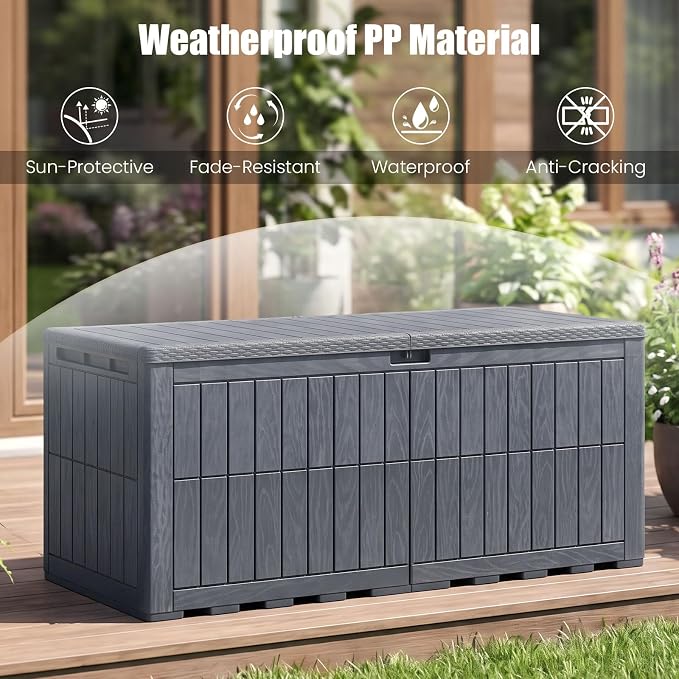 HAPPYGRILL 180 Gal Outdoor Deck Box, Lockable Storage Bin with Lid and Handles, Waterproof and Sun-Protective Patio Bench and Storage Box for Garden Tools Pool Supplies (Gray, 180Gallon)