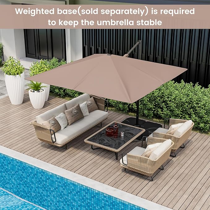 Tangkula 9.5 FT Cantilever Patio Umbrella, Outdoor Square Offset Umbrella with 360° Rotation, Heavy Duty Patio Hanging Umbrella with Cross Base for Garden Deck Pool Backyard (Tan)
