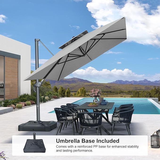 PURPLE LEAF 10' x 13' Cantilever Patio Umbrella Outdoor Umbrella with 330lbs Base Large Rectangular Windproof Offset Umbrella for Pool Deck Garden, Pebble Grey