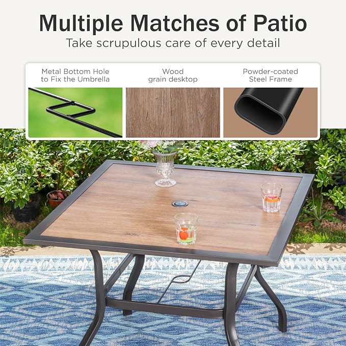PHI VILLA Outdoor Patio Dining Set for 4, Patio Table and Chairs Set with Folding Patio Chairs & Square Wood Like Top Table for Garden, Deck and Lawn, Black
