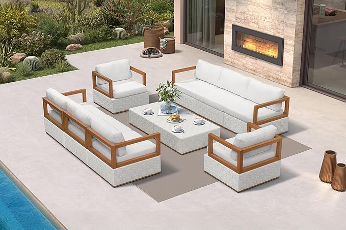 PURPLE LEAF Patio Outdoor Furniture Set 10 Pieces, Premium Leather Outdoor Couch Sectional Sofa, Patio Couch with Olefin Cushions, Patio Conversation Sets for Porch, Balcony, Garden, White