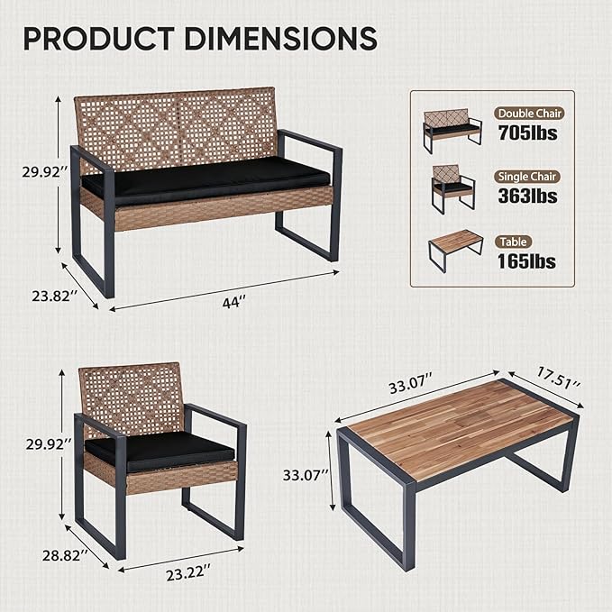 COOS BAY Haven Lounge 4 Piece Rattan Patio Furniture Set, Outdoor Wicker Patio Conversation Set for Balcony & Backyard, Light Brown/Black
