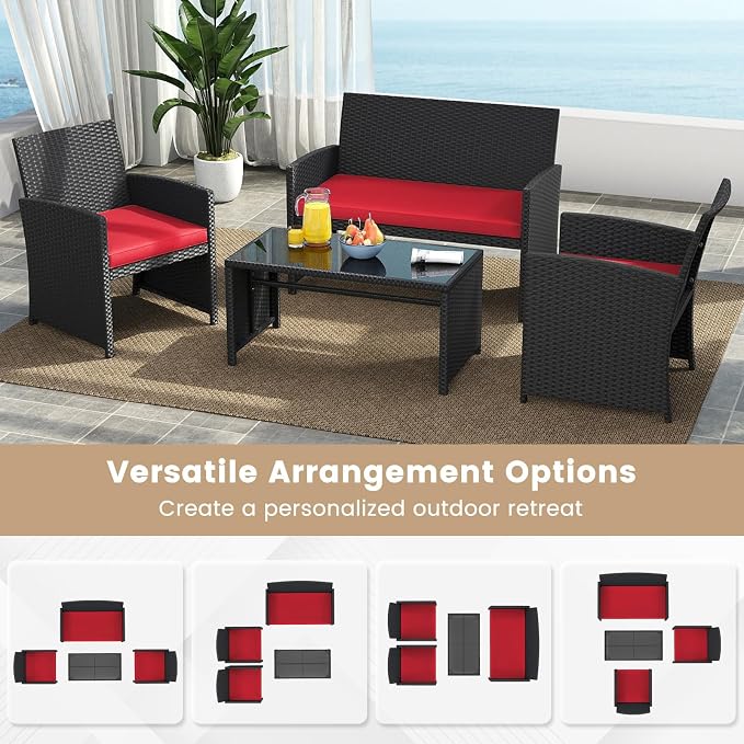 Tangkula 4 Pices Patio Wicker Furniture Set, Outdoor Heavy Duty Rattan Cushioned Chairs, Loveseat and Tempered Glass Coffee Table, for Backyard, Balcony, Poolside