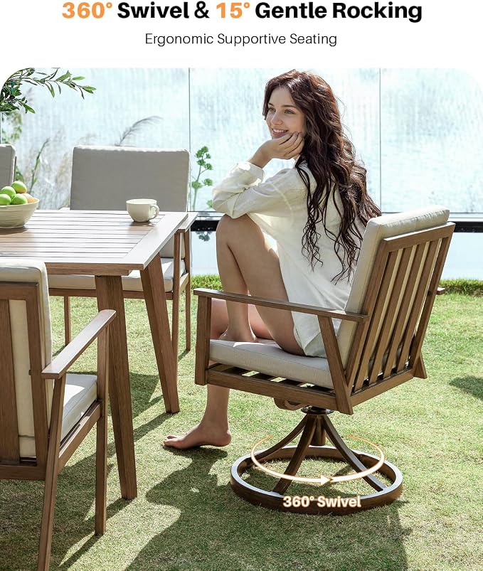 6-Piece Never-Rust Aluminum Bench Dining Table Set, Patio Dining Set with Umbrella Hole, Outdoor Bench with Rectangular Table, 2 Dining Chairs and 2 Swivel Chairs for Deck, Backyard, Teak