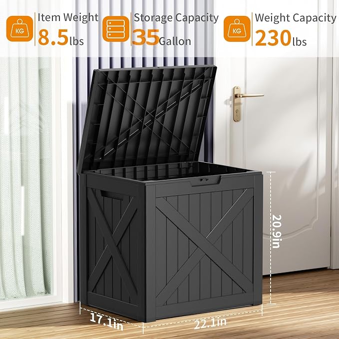 PatioZen 35 Gallon Outdoor Deck Box,Waterproof Resin Outdoor Storage Boxes, Outside Storage Lockable Container for Garden Tools,Indooor Cushions,Accessories (Black)