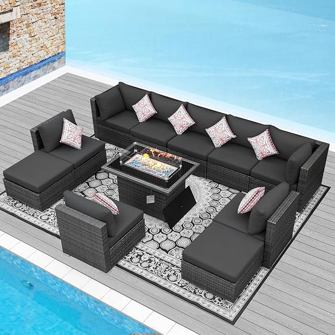 NICESOUL 11 Piece Outdoor Furniture Set with Firepit, Luxury Big 10-Person Patio Sectional, Chill 29.3'' High-Back Backyard Seating Area, All-Weather Rattan Couch Set for Outside, Deck, Dark Grey