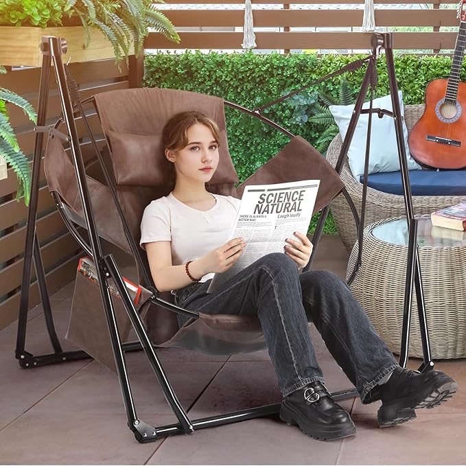 Arlopu 3 in 1 Portable Hammock with Steel Stand,Foldable PU Leather Swing Chair,6-Level Standing Hammocks Included Carrying Bag,Side Pocket,Pillow,for Outside,Indoor,Yard,Garden,Patio,Camping(Brown)