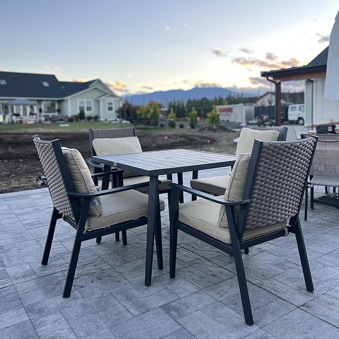 PURPLE LEAF 5 Pieces Outdoor Dining Set with 1.57" Umbrella Hole and Thick Cushion Heavy-Duty Metal Patio Dining Furniture Set with Square Table and 4 Wicker Chairs for Lawn Garden Backyard Deck