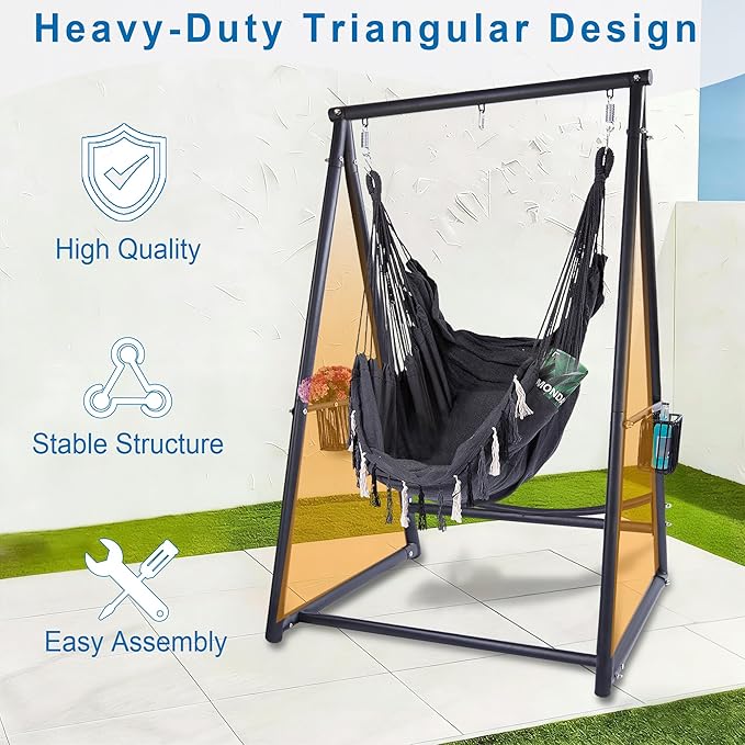 Hammock Chair with Stand Hanging Rope Swing Chair, Heavy-Duty Steel Max 350 LBS Capacity for Indoor Outdoor Patio Garden Balcony (Black)