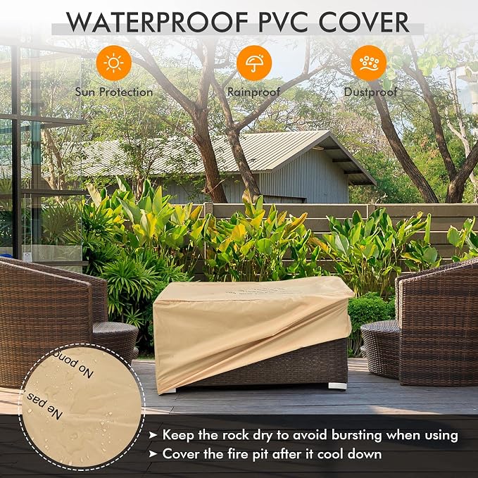 Tangkula 6 Pieces Patio Wicker Furniture Set with 32 Inches Propane Fire Pit Table and Tank Holder, Outdoor Conversation Set with Storage Box and Coffee Table, 2 Waterproof Covers Included (Black)
