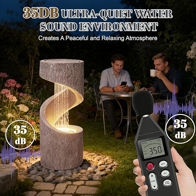 32" Outdoor Water Fountain with LED Light, Modern S-Shaped Spiral Column Fountain, Floor-Standing Resin Curved Fountains, Freestanding Waterfall for Garden, Patio, Backyard (Beige)