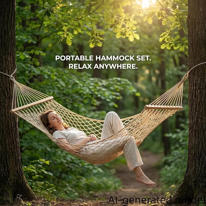 Portable Camping Hammock 79"x32" Anti-Rollover Mesh Hammock with Wooden Spreader Bar, Lightweight Hanging Hammock for Backyard Patio Travel Indoor Outdoor, White/Brown/Army Green