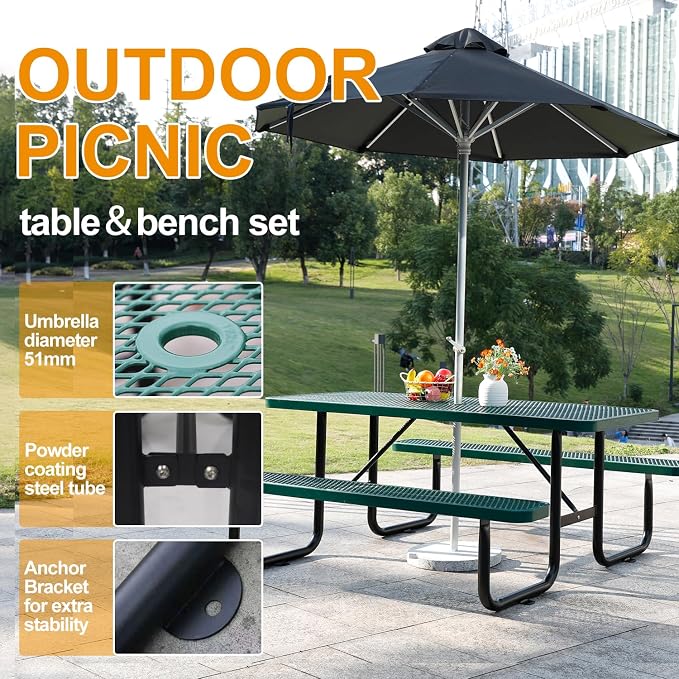 6ft Rectangular Picnic Table – Heavy-Duty Metal Mesh Outdoor Dining Table, Thermoplastic Coated Steel, Outdoor Living, Parks & Schools (Green, 6ft)