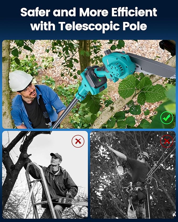 Electric Pole Saws for Tree Trimming, 2x4000mAh Brushless Mini Chainsaw Cordless with Extension Pole, Battery Powered Hand Held Chain Saw Pole Pruner for Cutting Tree Limbs, Gifts for Father's Day