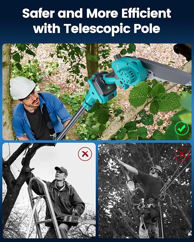 Pole Saws for Tree Trimming, 6" Brushless Mini Chainsaw Cordless with Extension Pole 2 Batteries, Electric Hand Held Chain Saw & Pole Pruner for Trimming Tree Limbs, Gardening Gifts for Father's Day