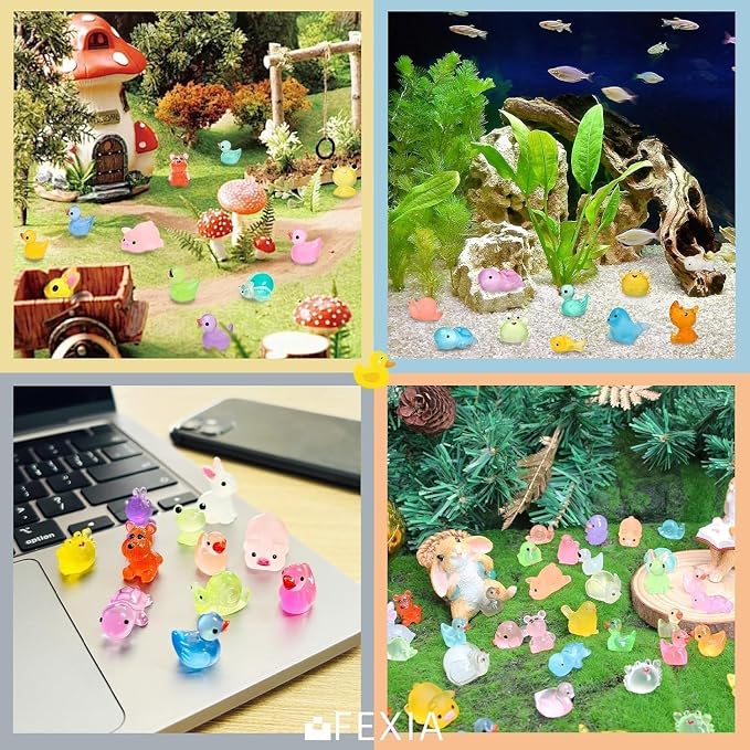 FEXIA 100 Pcs Luminous Mini Resin Animals 20 Types Glow in the Dark Tiny Figurines Bulk Set for DIY Garden Aquarium Micro Landscape and Party Decoration Desk Pets and Miniature Accessories