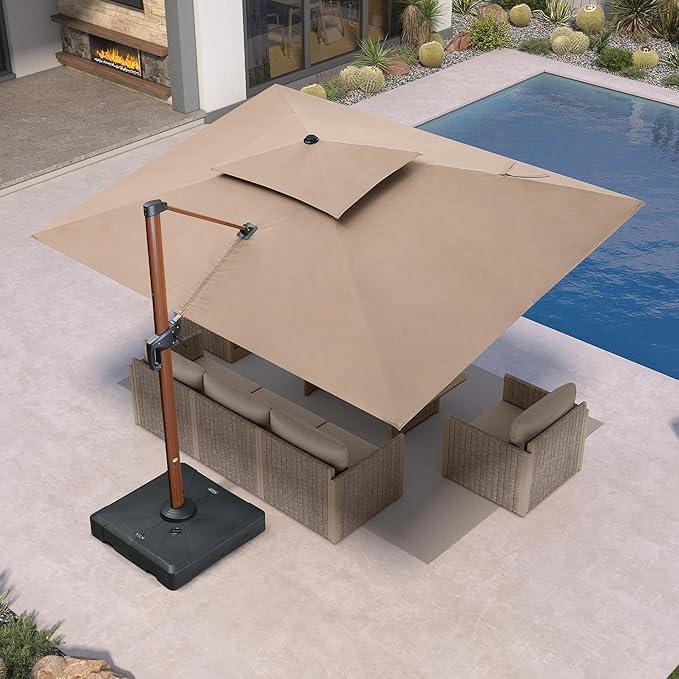 PURPLE LEAF 9' X 12' Patio Large Cantilever Umbrella Outdoor Rectangle Wood Umbrellas Offset Umbrella Heavy Duty Sun Umbrellas for Garden Deck Pool, Spectrum Sand