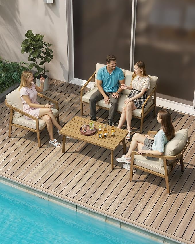 Patio Coffee Table, Never-Rust Aluminum Outdoor Coffee Table with Wood Grain Texture, Modern Rectangle Garden Coffee Table with Slatted Tabletop for Porch, Decks, Indoor, Balcony, Teak