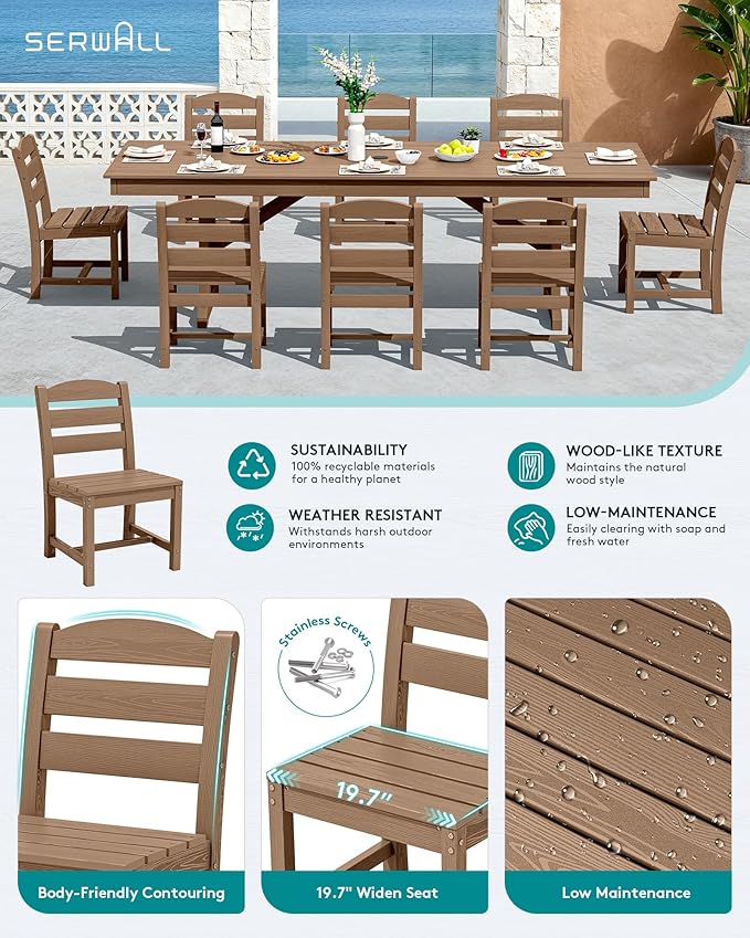 SERWALL Outdoor Armless Dining Chairs Set of 2, All-Weather HDPE Patio Chair with 19.7" Widened Seat, for Backyard, Garden, Brown