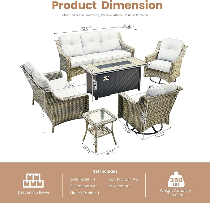 HOOOWOOO Patio Furniture Set,6 Pieces Wicker Outdoor Furniture,High Back Conversation Set with All Weather Resistant Fire Pit Table Couch Swivel Chairs,Light Gray