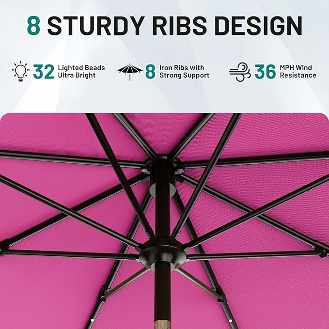 AreShark 9FT Patio Umbrella with Solar Lights, 32 Lighted Pool Umbrella w/Tilt and Crank, Outdoor Market Solar Umbrellas for Garden, Deck, Backyard, Pool and Beach, Rose Pink