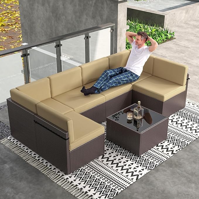 Kinsuite 7Pcs Patio Conversation Set - Wicker Backyard Furniture Outdoor Furniture with Cushions, All-Weather Couch Set with Coffee Table for Garden, Lawn, Deck, Khaki