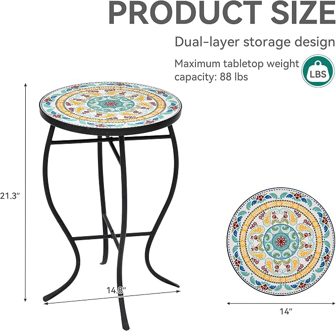 22" Mosaic Side Table, Outdoor Bistro Table Weather Resistant, Iron Plant Stand for Patio, Small Coffee End Table for Balcony Garden Bedroom Living Room, Vintage Mint Green