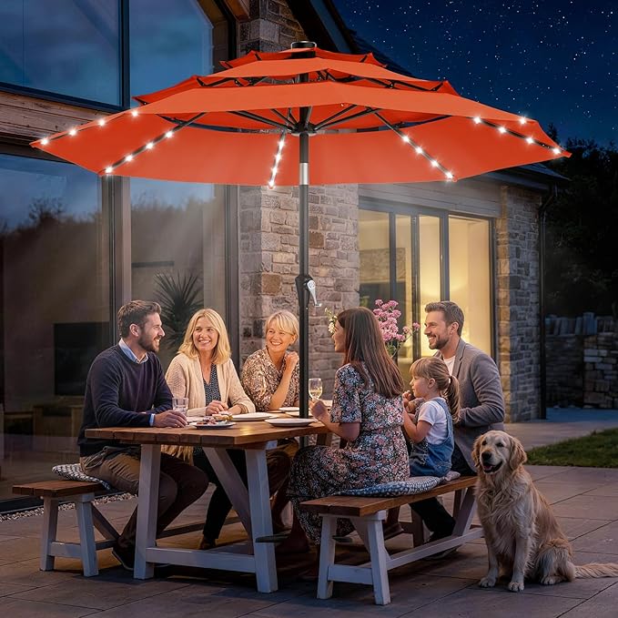 AreShark 9ft 3 Tiers Patio Umbrella with Solar Lights, Outdoor Umbrella w/ 32 LED Lights&8 Sturdy Ribs, Table Umbrella for Deck, Backyard, Pool (Orange)